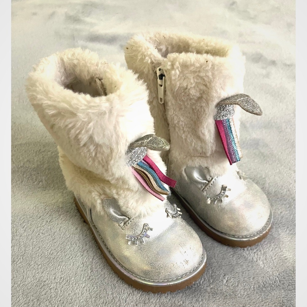 Self Esteem Size 5 Toddler Girls Silver Metallic Unicorn Faux Fur Winter Boots